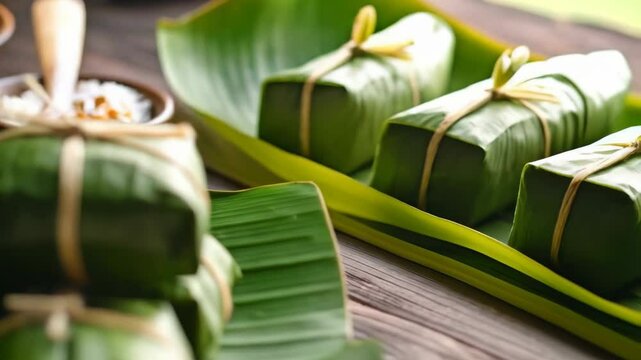 Wrapped packages of food in green leaves stacked with bowls of rice and seasoning on a wooden table.