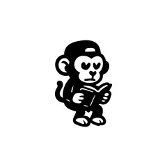 A stylized monkey wearing a cap, holding a book
