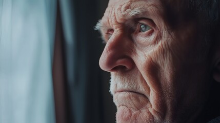Pensive Elderly European Male Gazing Out Window with Thoughtful Expression