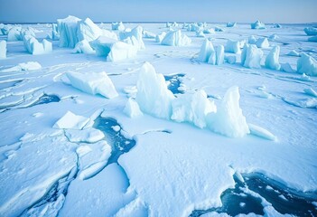 Jagged ice formations on a frozen landscape, cool blue tones, serene winter scene,  arctic,  winter scene