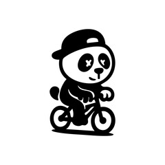 A panda wearing a baseball cap rides a bicycle