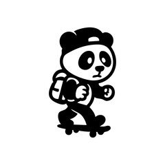 Cute panda wearing a cap and carrying a backpack, skateboarding