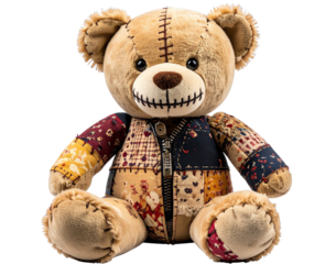 Teddy Bear Art Toy with Zipper Mouth and Patchwork Texture, isolated on a transparent background”