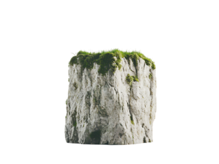 Moss and grass covered rock formation isolated on white or transparent png