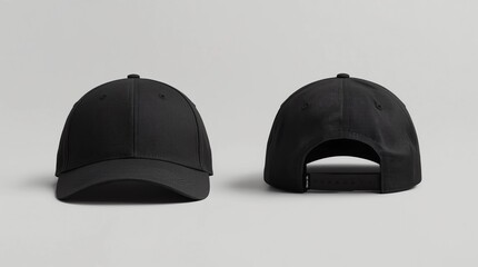 Black baseball caps mockup on a grey background, front and back side 