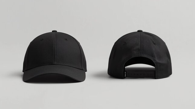 Black baseball caps mockup on a grey background, front and back side 