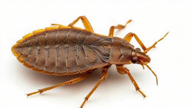Detailed Macro of Brown Bed Bug on White Background with Visible Exoskeleton