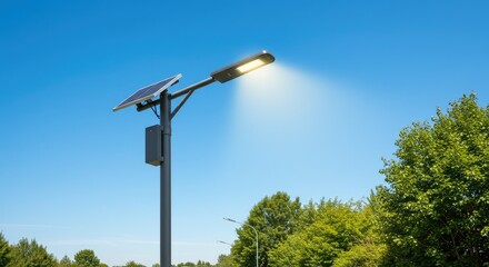 A modern solar-powered streetlamp against a clear blue sky, with lush green trees in the background.  A section of a park is visible