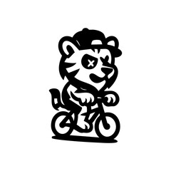 A tiger cartoon character wearing a cap, riding a bicycle