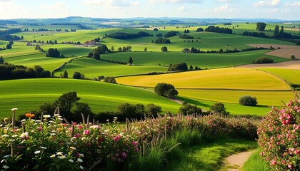 Panoramic view of idyllic summer countryside; rolling green fields, flowering bushes, country path, farmland pastures,  countryside scene,  outdoor