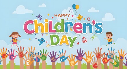Happy Children's Day Celebrating Kids with Colorful Handprints and Joyful Illustrations
