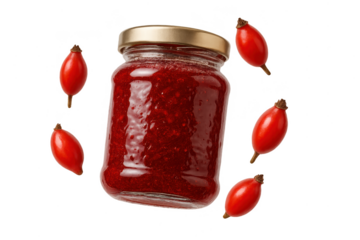 Homemade rosehip jam jar and fresh rose hips isolated on transparent background