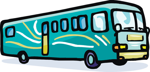 Class A motorhome or RV bus. The vehicle is turquoise with decorative white and yellow swoosh patterns, black outlines, and large front windows. It has multiple side windows and a central door, making