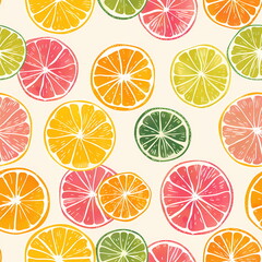 Fototapeta premium Citrus fruit slices pattern. Watercolor texture with orange, lemon, and grapefruit. Healthy food background for design.