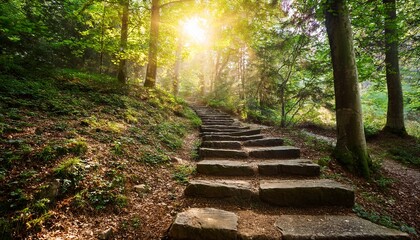 sunlit forest path with stone steps