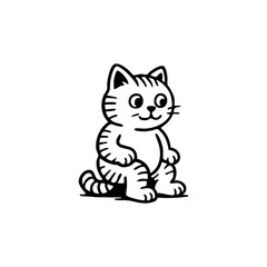 Black and white cartoon drawing of a sitting cat.  Simple, stylized lines depict a small, friendly feline with large eyes and a smiling expression.  The cat has striped fur and is in a seated pose