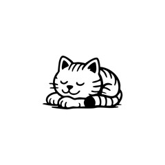 A black and white cartoon of a sleeping tabby cat.  Simple line art depicts a  cute, relaxed feline with closed eyes, lying down.  Striped fur and small details add character