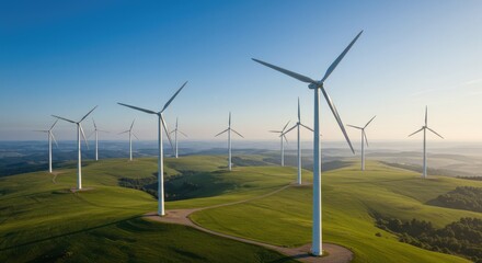 Panoramic view of wind turbines on rolling hills under a clear blue sky.  A serene landscape of renewable energy