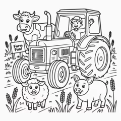 Gordijnen Boerderij Farm scene with tractor cow sheep and pig coloring page art  © sumit