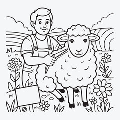 A farmer grooming a sheep in a field coloring book style