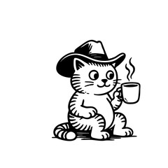 A cartoon cat wearing a cowboy hat and holding a steaming coffee cup