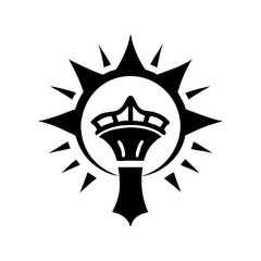 Black tower silhouette with a sunburst design behind it