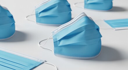 Blue Disposable Face Masks Scattered on White Surface for Health Safety