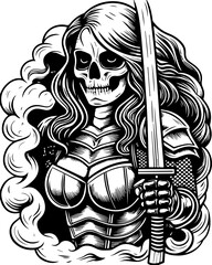 Fototapeta premium SVG of a samurai reaper with a fierce skull design. Mysterious Skeleton Warrior with Sword and Flowing Hair Design