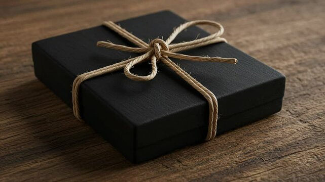 Elegant Black Textured Gift Box with Rustic Twine Bow on Warm Wooden Surface