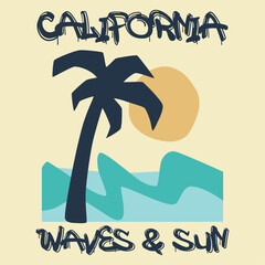 Tropical palm tree, waves and sun vector graphic print