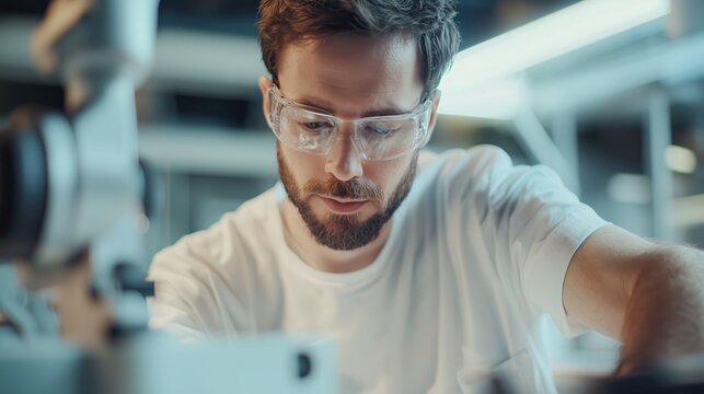 Skilled worker using machinery in a modern workshop during daytime with safety gear and focused expression