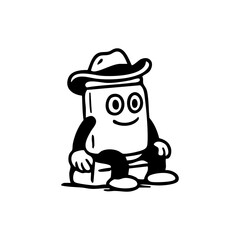 Cartoon character, rectangular shape, wearing a cowboy hat and pants, sitting