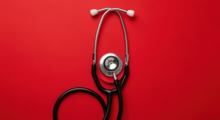 Professional Medical Stethoscope Flat Lay with Black Tubing and Silver Chest Piece on a Bright Red Background