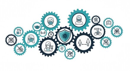 Interconnected Gears with Public Health Safety Icons Showing Hygiene Social Distancing and Virus Prevention Measures