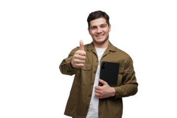 Smiling young man giving a thumbs up while holding a tablet in a bright, transparent background