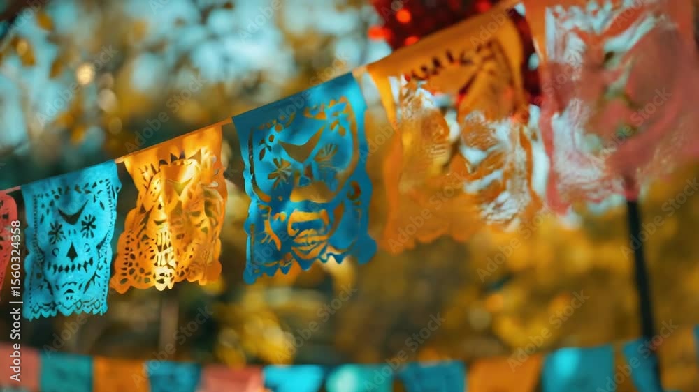 Aufkleber paper decorations hang from a tree branch, adding vibrant color to the scene