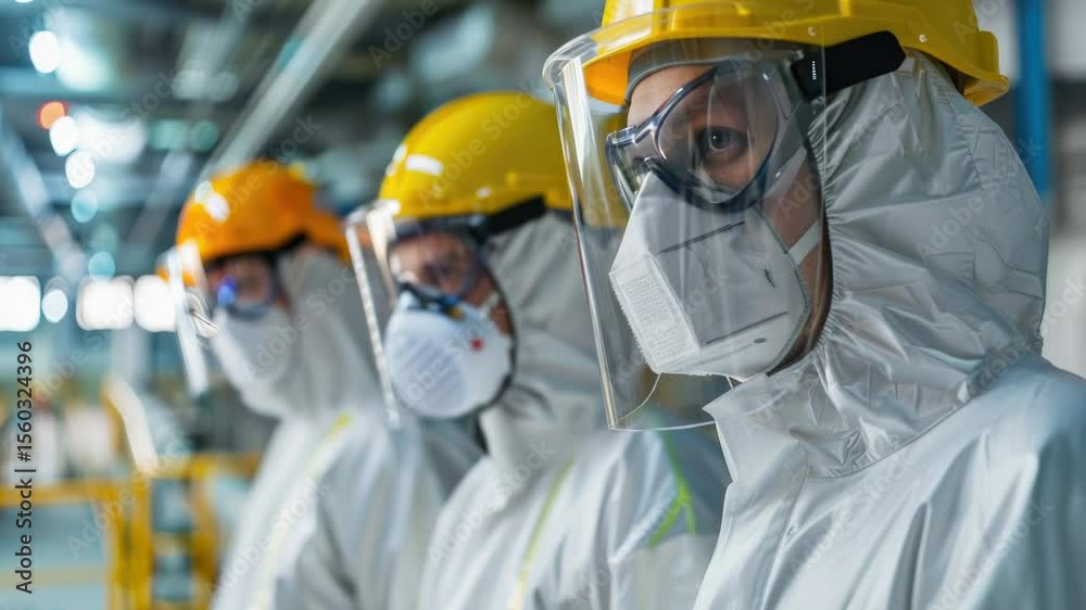Poster workers wear protective gear on the job in a factory setting