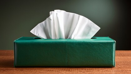 close up of rectangular green leather tissue box with white tissues