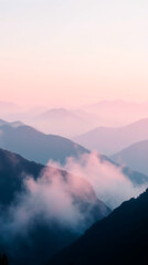 Serene Pastel Sunrise Over Misty Mountain Range.
