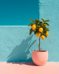 Lemon tree in a pot on the background of a blue wall