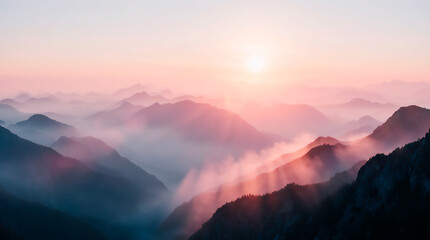 Serene Pastel Sunrise Over Misty Mountain Range.