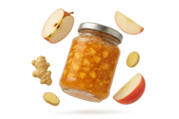 Jar of apple ginger jam with floating ingredients isolated on transparent background.