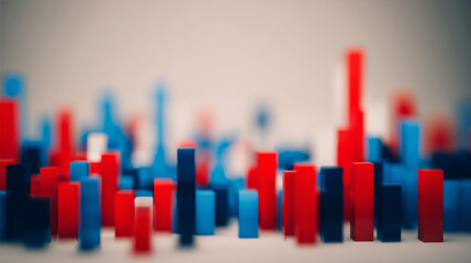 Close-up of red and blue bar chart representing political polling data, election results or voting statistics. Political analysis, democratic process and public opinion research concept.	