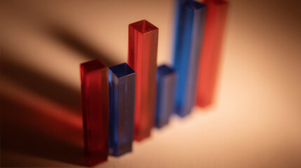Close-up of red and blue bar chart representing political polling data, election results or voting statistics. Political analysis, democratic process and public opinion research concept.	