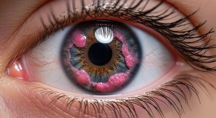 Human Eye with Pink Growths and Multi Colored Iris in Detailed Macro Close Up View