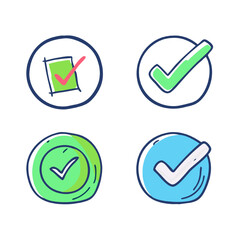 Hand-drawn Checkmark Icons Green, Flat Approval