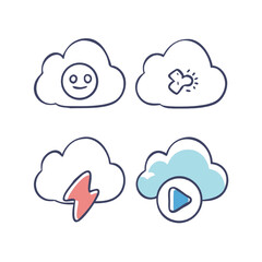 Hand-drawn Cloud Icons Upload, Download, Happy, Play