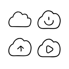 Cloud Icons Upload, Download, Play, and Happy Cloud Symbols