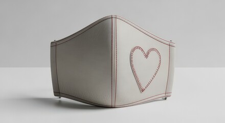 Modern White Face Mask with Red Heart Stitching Isolated on Light Background