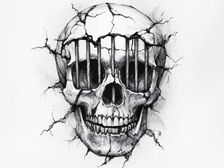 Obraz premium Intricate skull art with cracked wall design.